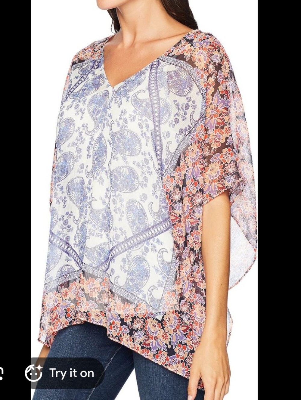 NYDJ Blue And White Chiffon Caftan Popover Blouse Size Large New